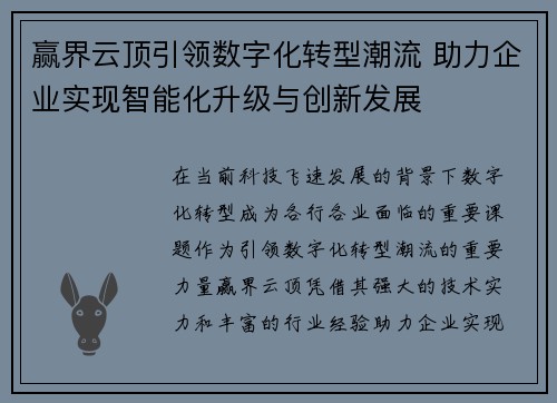 赢界云顶引领数字化转型潮流 助力企业实现智能化升级与创新发展