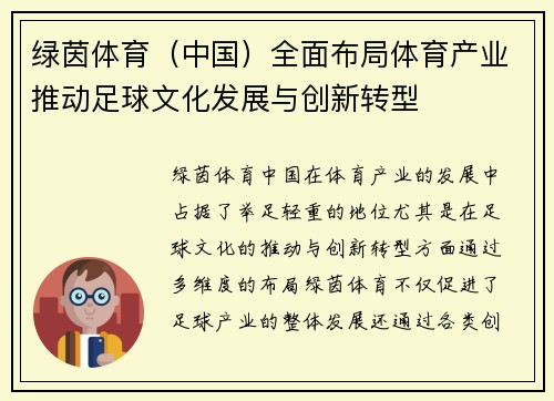 绿茵体育（中国）全面布局体育产业推动足球文化发展与创新转型