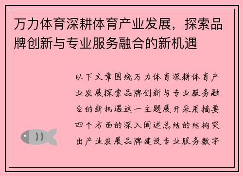 万力体育深耕体育产业发展，探索品牌创新与专业服务融合的新机遇